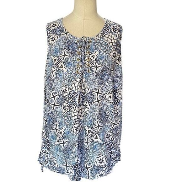 Jessica London Blue Linen Sleeveless Tunic Blouse Iace Up Detail size PLUS 16W - Picture 2 of 11